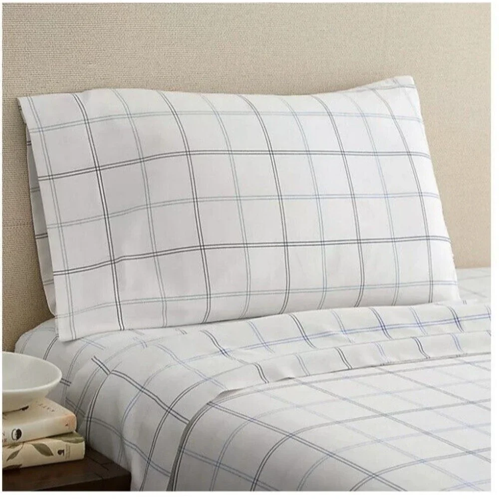 New Hidden Retreat King Sheet Set 💯 Cotton White “Lake Window Plaid”
